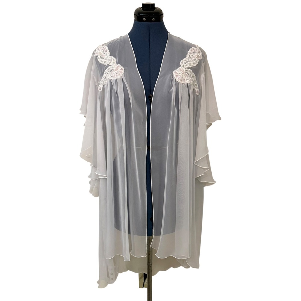 Vintage Enticements Sheer White Chiffon Robe Lace Pearl Ruffle Sleeve Peignoir M